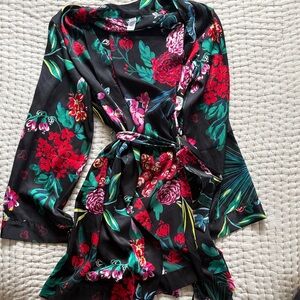 Stars Above Floral Satin Robe - Black and Red
